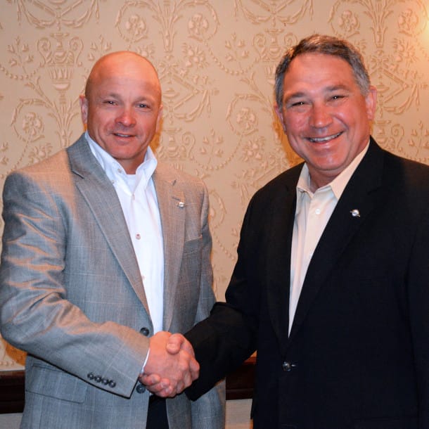 On March 25, the GEO Board of Directors unanimously elected Enertech Global President and CEO Steve Smith (left) as its Chairman for 2014-15. Outgoing Chairman Tom Huntington (WaterFurnace) congratulates Steve on his new leadership role.
