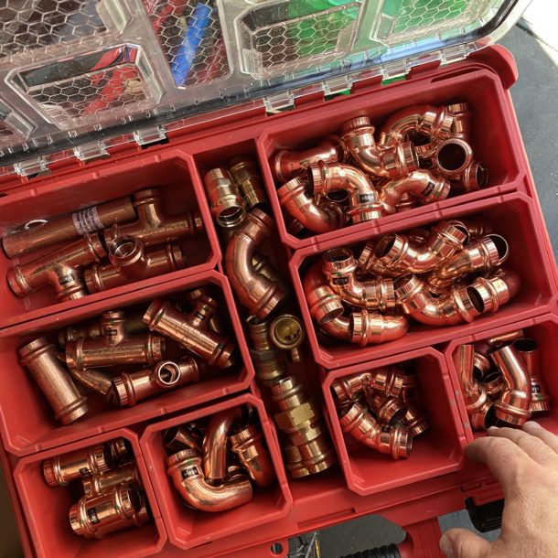 Packout Organizer with Copper Fittings Aune Plumbing
